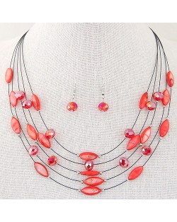 Bohemian Style Seashell and Crystal Beads Decorated Fashion Necklace and Earrings Set - Red