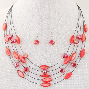 Bohemian Style Seashell and Crystal Beads Decorated Fashion Necklace and Earrings Set - Red