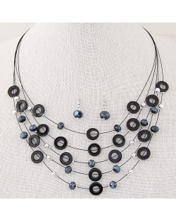 Bohemian Fashion Beads and Hoops Decorated Multi-layer Necklace and Earrings Set - Black
