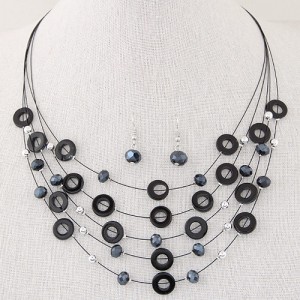 Bohemian Fashion Beads and Hoops Decorated Multi-layer Necklace and Earrings Set - Black