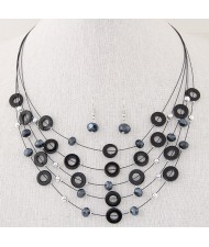 Bohemian Fashion Beads and Hoops Decorated Multi-layer Necklace and Earrings Set - Black