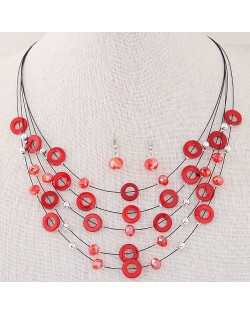Bohemian Fashion Beads and Hoops Decorated Multi-layer Necklace and Earrings Set - Red