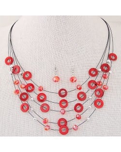 Bohemian Fashion Beads and Hoops Decorated Multi-layer Necklace and Earrings Set - Red
