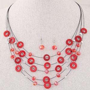 Bohemian Fashion Beads and Hoops Decorated Multi-layer Necklace and Earrings Set - Red
