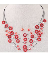 Bohemian Fashion Beads and Hoops Decorated Multi-layer Necklace and Earrings Set - Red