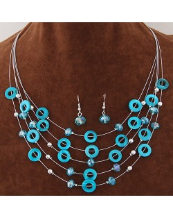 Bohemian Fashion Beads and Hoops Decorated Multi-layer Necklace and Earrings Set - Blue