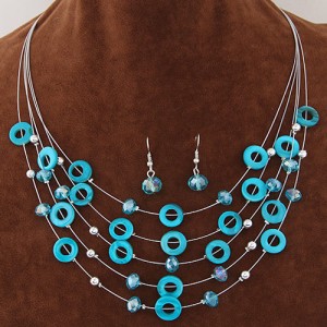 Bohemian Fashion Beads and Hoops Decorated Multi-layer Necklace and Earrings Set - Blue