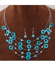 Bohemian Fashion Beads and Hoops Decorated Multi-layer Necklace and Earrings Set - Blue