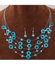 Bohemian Fashion Beads and Hoops Decorated Multi-layer Necklace and Earrings Set - Blue