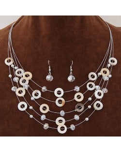 Bohemian Fashion Beads and Hoops Decorated Multi-layer Necklace and Earrings Set - White