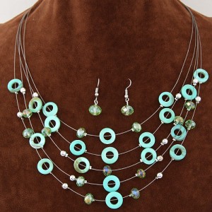 Bohemian Fashion Beads and Hoops Decorated Multi-layer Necklace and Earrings Set - Green