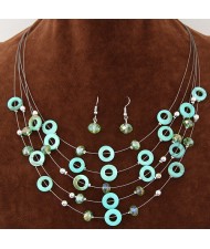 Bohemian Fashion Beads and Hoops Decorated Multi-layer Necklace and Earrings Set - Green