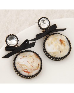 Bowknot Decorated Weaving Braids Rimmed Round Resin Gem Ear Studs