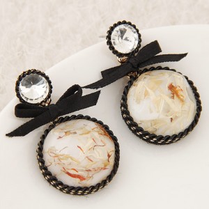 Bowknot Decorated Weaving Braids Rimmed Round Resin Gem Ear Studs