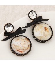 Bowknot Decorated Weaving Braids Rimmed Round Resin Gem Ear Studs