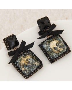 Bowknot Decorated Weaving Braids Rimmed Vintage Square Resin Gem Ear Studs