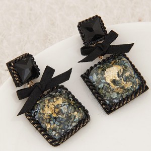 Bowknot Decorated Weaving Braids Rimmed Vintage Square Resin Gem Ear Studs