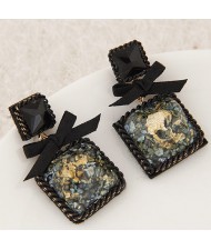 Bowknot Decorated Weaving Braids Rimmed Vintage Square Resin Gem Ear Studs