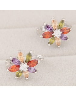 Cubic Zirconia Shining Flower Design Copper Fashion Ear Clips - Colorful