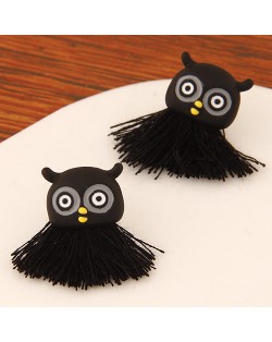 Sweet Threads Tassel Night Owl Design Fashion Ear Studs - Black