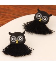 Sweet Threads Tassel Night Owl Design Fashion Ear Studs - Black