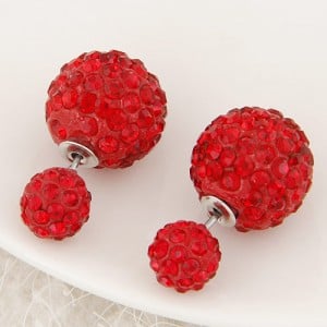 Rhinestone Inlaid Studs Style Twin Balls Fashion Ear Studs - Red