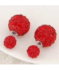 Rhinestone Inlaid Studs Style Twin Balls Fashion Ear Studs - Red