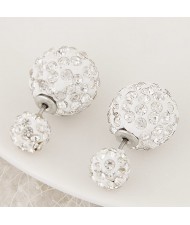 Rhinestone Inlaid Studs Style Twin Balls Fashion Ear Studs - White