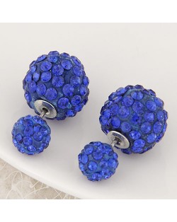 Rhinestone Inlaid Studs Style Twin Balls Fashion Ear Studs - Blue