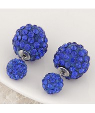 Rhinestone Inlaid Studs Style Twin Balls Fashion Ear Studs - Blue