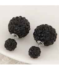 Rhinestone Inlaid Studs Style Twin Balls Fashion Ear Studs - Black