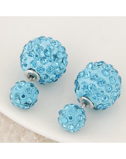 Rhinestone Inlaid Studs Style Twin Balls Fashion Ear Studs - Sky Blue