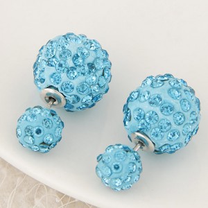 Rhinestone Inlaid Studs Style Twin Balls Fashion Ear Studs - Sky Blue