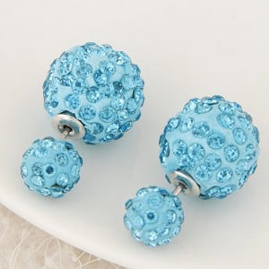 Rhinestone Inlaid Studs Style Twin Balls Fashion Ear Studs - Sky Blue