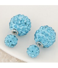 Rhinestone Inlaid Studs Style Twin Balls Fashion Ear Studs - Sky Blue