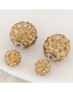 Rhinestone Inlaid Studs Style Twin Balls Fashion Ear Studs - Champagne