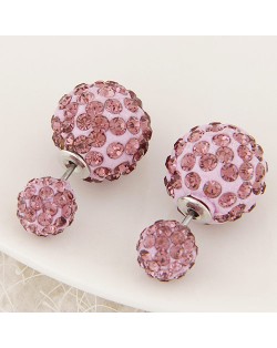 Rhinestone Inlaid Studs Style Twin Balls Fashion Ear Studs - Pink