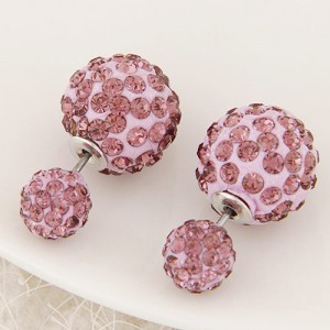 Rhinestone Inlaid Studs Style Twin Balls Fashion Ear Studs - Pink