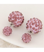 Rhinestone Inlaid Studs Style Twin Balls Fashion Ear Studs - Pink