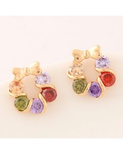 Korean Fashion Colorful Cubic Zirconia Inlaid Golden Bowknot Decorated Floral Hoop Ear Studs