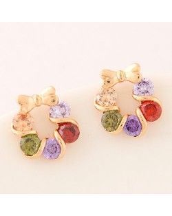 Korean Fashion Colorful Cubic Zirconia Inlaid Golden Bowknot Decorated Floral Hoop Ear Studs