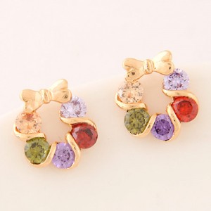 Korean Fashion Colorful Cubic Zirconia Inlaid Golden Bowknot Decorated Floral Hoop Ear Studs