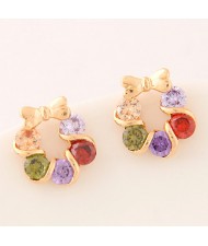 Korean Fashion Colorful Cubic Zirconia Inlaid Golden Bowknot Decorated Floral Hoop Ear Studs