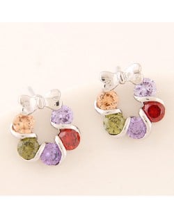 Korean Fashion Colorful Cubic Zirconia Inlaid Silver Bowknot Decorated Floral Hoop Ear Studs