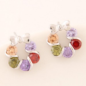 Korean Fashion Colorful Cubic Zirconia Inlaid Silver Bowknot Decorated Floral Hoop Ear Studs