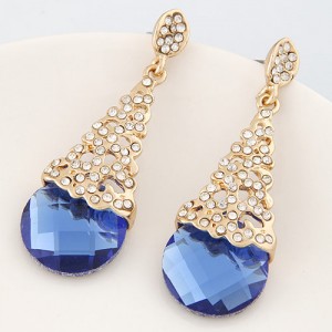 Rhinestone Embellished Glass Waterdrop Fashion Ear Studs - Blue