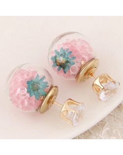 Flower and Gem Particles Inlaid Ball Shape Fashion Ear Studs - Pink