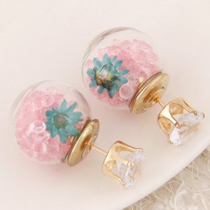 Flower and Gem Particles Inlaid Ball Shape Fashion Ear Studs - Pink