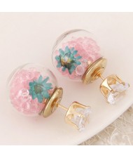 Flower and Gem Particles Inlaid Ball Shape Fashion Ear Studs - Pink