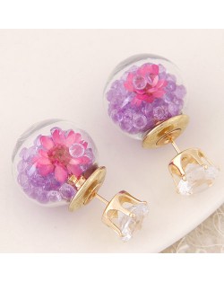 Flower and Gem Particles Inlaid Ball Shape Fashion Ear Studs - Purple